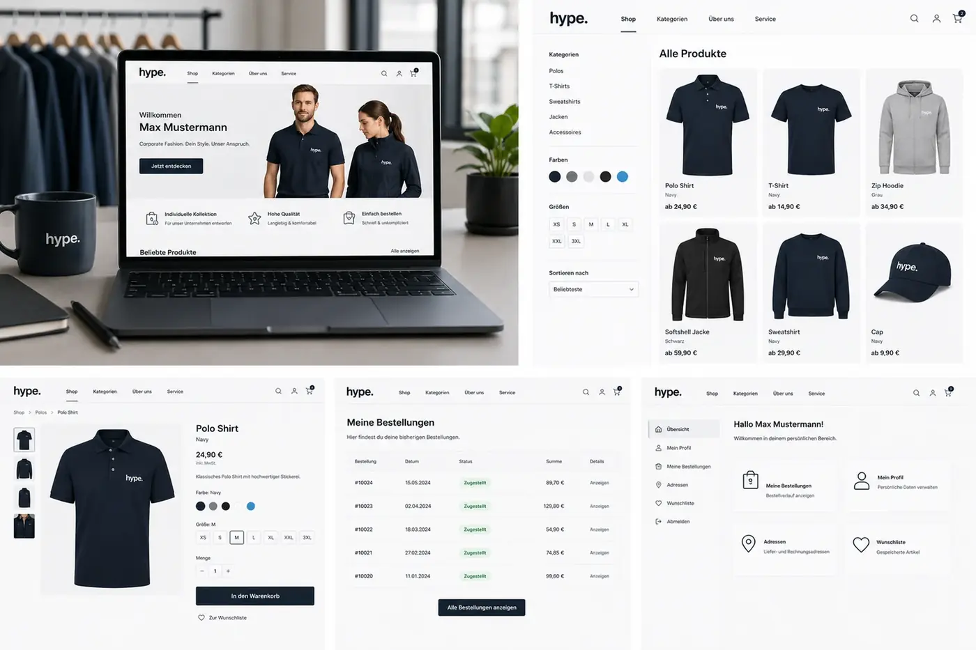 Alle Ansichten auf einen Blick: Startseite, Produktübersicht, Produktdetail, Bestellungen und persönlicher Bereich